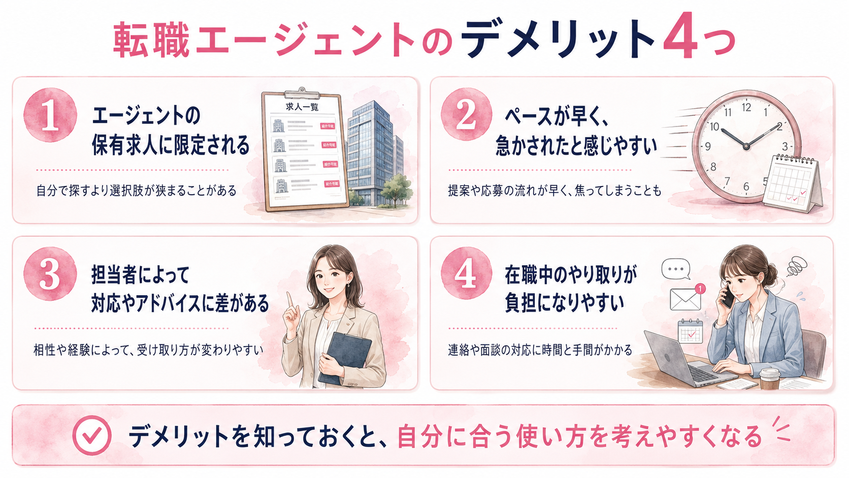 転職エージェントのデメリット4つを説明した図